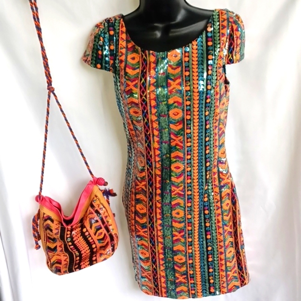 Mittoshop Multicolored sequin mini dress with open back & Matching Bag, Sz S